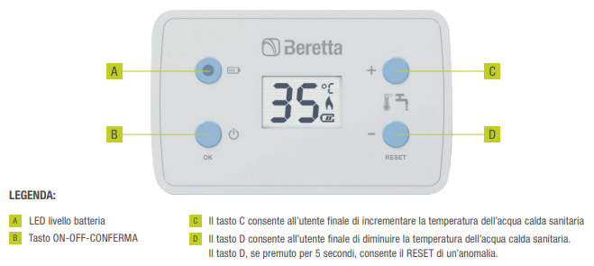 Scaldabagno a gas Beretta Fonte LX 11 litri pannello comandi