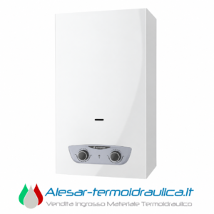 White wall-mounted boiler with a gray control panel at the bottom and Ariston branding. Watermark text for Alesar-termoidraulica.it shown.